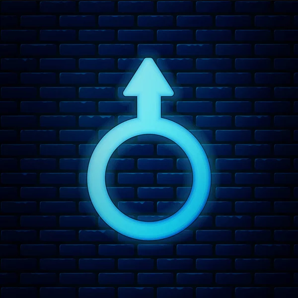 Lumineux néon Icône symbole de genre masculin isolé sur fond de mur de briques. Vecteur — Image vectorielle