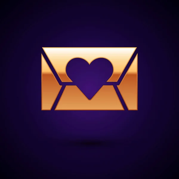 Enveloppe en or avec icône de coeur de Saint-Valentin isolé sur fond noir. Message d'amour. Lettre d'amour et de romance. Vecteur — Image vectorielle