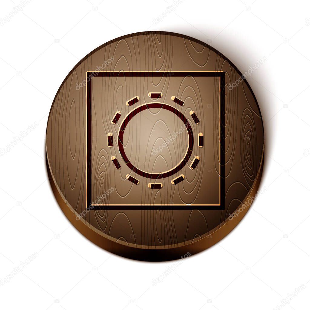 Brown line Condom in package safe sex icon isolated on white background. Safe love symbol. Contraceptive method for male. Wooden circle button. Vector Illustration