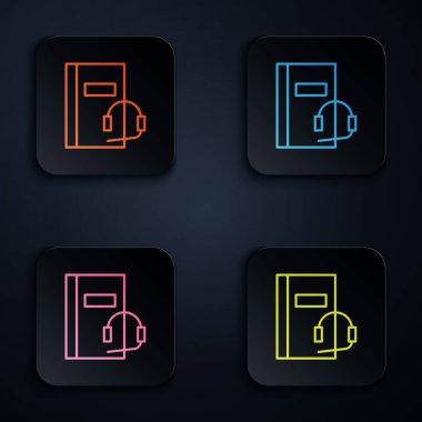 Renk neon hattı Ses kitabı simgesi siyah arkaplanda izole edildi. Kulaklıklı kitap. Ses rehberi işareti. Çevrimiçi öğrenme kavramı. Kare düğmelere simgeleri yerleştir. Vektör İllüstrasyonu