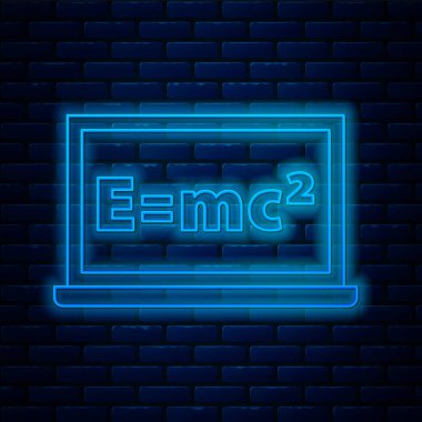 Duvarda izole edilmiş karatahta simgesi üzerinde parlayan neon çizgi matematik denklem sistemi. E eşittir bilgisayar ekranında mc kare denklemi. Vektör