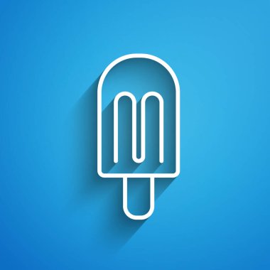 Beyaz çizgi dondurma ikonu mavi arkaplanda izole edilmiş. Güzel sembol. Uzun gölge. Vektör