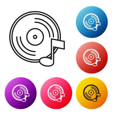 Siyah çizgi Vinil disk simgesi beyaz arkaplanda izole edildi. Renkli daire düğmelerini ayarlayın. Vektör