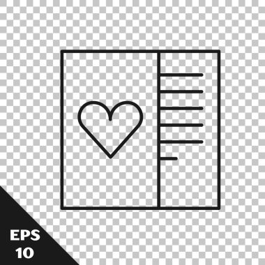 Şeffaf arkaplanda kalp simgesi olan siyah çizgi kartpostal. Mesaj aşkım. Aşk ve romantizm mektubu. Vektör