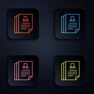 Renkli neon çizgisi ölüm sertifikası simgesi siyah arkaplanda izole edildi. Kare düğmelere simgeleri yerleştir. Vektör