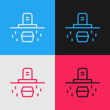 Grave 'in mezar taşı ve tabut ikonu renkli arkaplanda izole edilmiş. Vektör