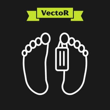 Siyah arka planda izole edilmiş bir hastane ikonunun morgunda ayağına kimlik etiketi takılmış beyaz çizgili bir ceset. Vektör