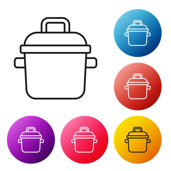 Black line Cooking pot icon isolated on white background. Boil or stew food symbol. Set icons colorful circle buttons. Vector — Stock Vector