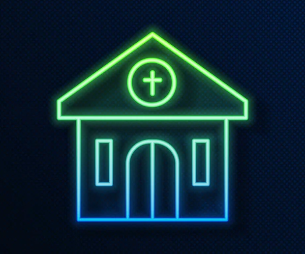 Glowing neon line Church building icon isolated on blue background. Christian Church. Religion of church. Vector — Stock Vector