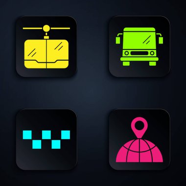 Yerimizi dünyanın, kablolu arabaların, taksilerin ve otobüslerin üzerine ayarlayın. Siyah kare düğme. Vektör