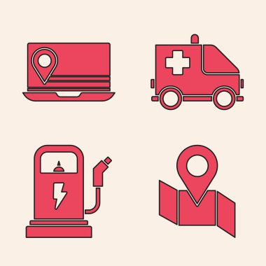 Katlanmış haritayı konum işaretleyicisi, dizüstü bilgisayarı konum işareti, ambulans ve acil durum arabası ve elektrik araba şarj istasyonu ikonu ile ayarla. Vektör