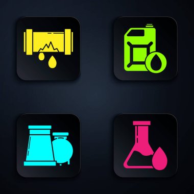 Petrol test tüpünü, su sızdıran metal boruyu, petrol ve gaz sanayi fabrikası binasını ve motor yağı için teneke kutuyu ayarla. Siyah kare düğme. Vektör