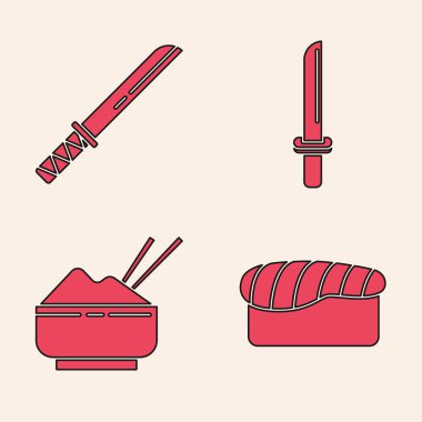 Suşi, geleneksel Japon katanası, Japon katanası ve pilavı yemek çubuğu ikonlu bir kaseye koyun. Vektör