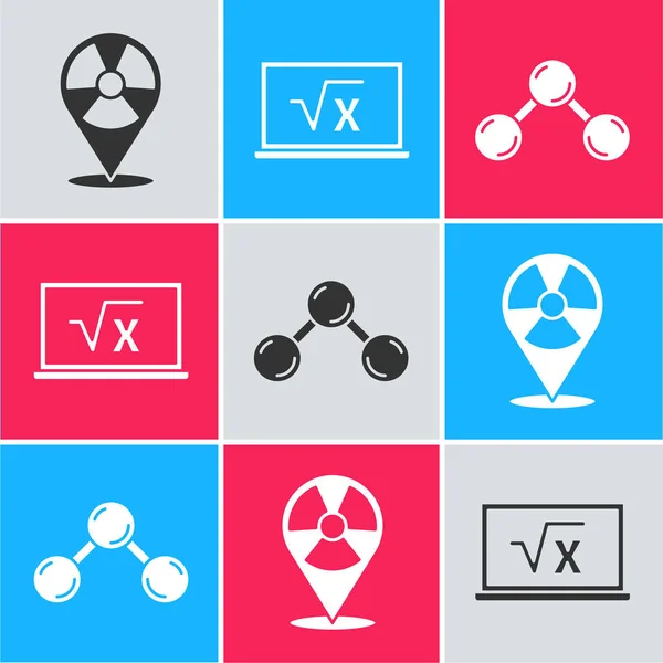 Définir Radioactive dans l'emplacement, racine carrée de x glyphe et icône Molécule. Vecteur — Image vectorielle