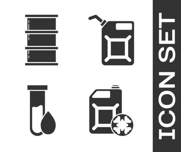 Set anticongelante, barril de aceite, tubo de prueba de gasolina de petróleo y bote para icono de gasolina. Vector — Vector de stock