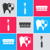 Картина, постер, плакат, фотообои "set dental protection, toothbrush and teeth with braces icon. vector", артикул 398437734