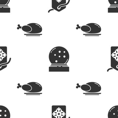 Fiyat etiketini bir yazıyla belirle. Noel kar küresi, yağan kar ve kızarmış hindi ya da tavuğun pürüzsüz desenli hali. Vektör