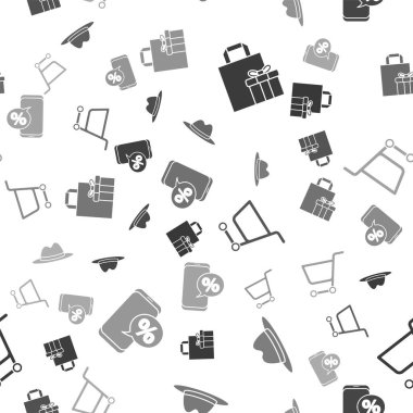 Hediye kutusu, kurdeleli erkek şapkası, alışveriş arabası ve indirimli telefon. Vektör