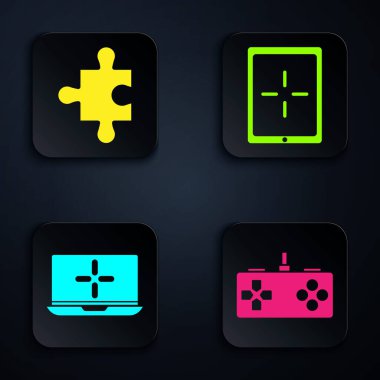 Gamepad, yapboz parçası, dizüstü bilgisayar ve tableti ayarla. Siyah kare düğme. Vektör