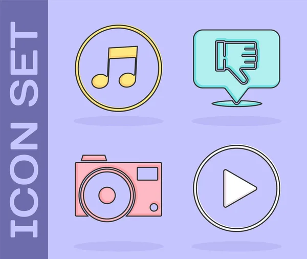 Set Play in circle, Music note, tone, Photo camera and Dislike in speech bubble icon. Vector — Stock Vector