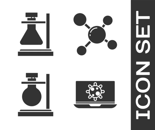 Bacteriën op laptop, reageerbuiskolf op standaard, reageerbuiskolf op standaard en Molecule icoon. Vector — Stockvector