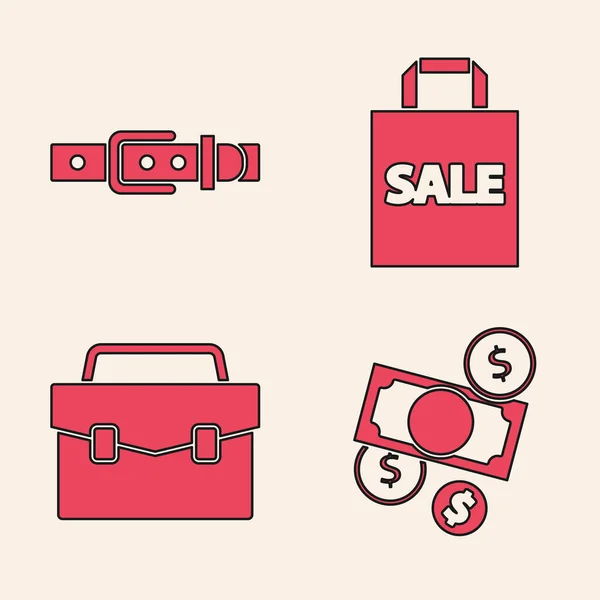 Set Money cash and coin, Leather belt, Shoping bag with Sale and Briefcase icon. Vector — Stock Vector