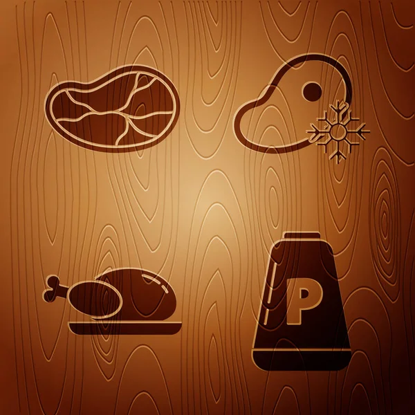 Establecer pimienta, carne de filete, pavo asado o pollo y carne fresca de filete congelado sobre fondo de madera. Vector — Vector de stock