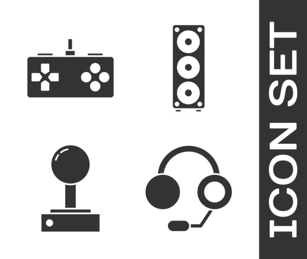 Set Kopfhörer, Gamepad, Joystick für Arcade-Maschine und Stereo-Lautsprecher-Symbol. Vektor — Stockvektor