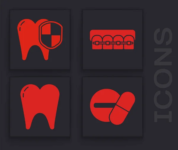 Set píldora o tableta de medicina, protección dental, dientes con aparatos ortopédicos e icono de los dientes. Vector — Vector de stock