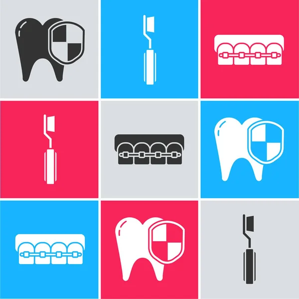 Definir proteção dentária, escova de dentes e dentes com aparelho ícone. Vetor —  Vetores de Stock