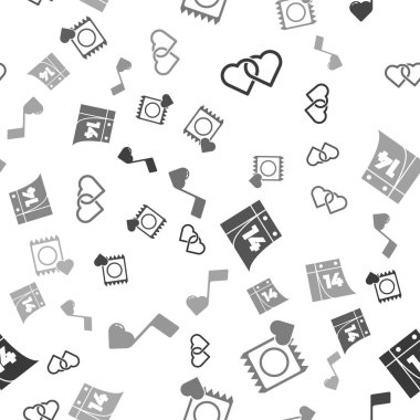 İki Bağlı Kalpleri Ayarla, prezervatifi pakete koy, Takvim 14 Şubat 'ta ve notalı olsun, kalpler pürüzsüz desenli olsun. Vektör