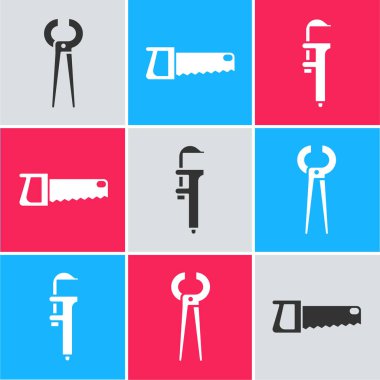 Kerpeten ve kerpeten, el testeresi ve Calliper ya da kalibre ve ölçek simgesini ayarla. Vektör