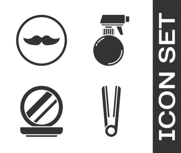 Set fer à friser pour les cheveux, moustache, poudre de maquillage avec miroir et pistolet de coiffeur icône de bouteille de pulvérisation. Vecteur — Image vectorielle