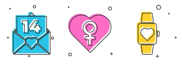 Set Envelope with Valentine heart, Heart with female gender and Heart in the center wrist watch icon. Vector — Stock Vector