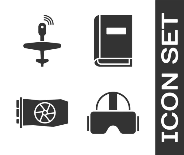 Set de gafas de realidad virtual, UAV Drone, Tarjeta gráfica de vídeo e icono del manual de usuario. Vector — Archivo Imágenes Vectoriales