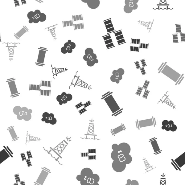 Conjunto de petróleo barril, emisiones de CO2 en la nube, tubería de la industria y plataforma de petróleo con fuego en el patrón sin costuras. Vector — Vector de stock