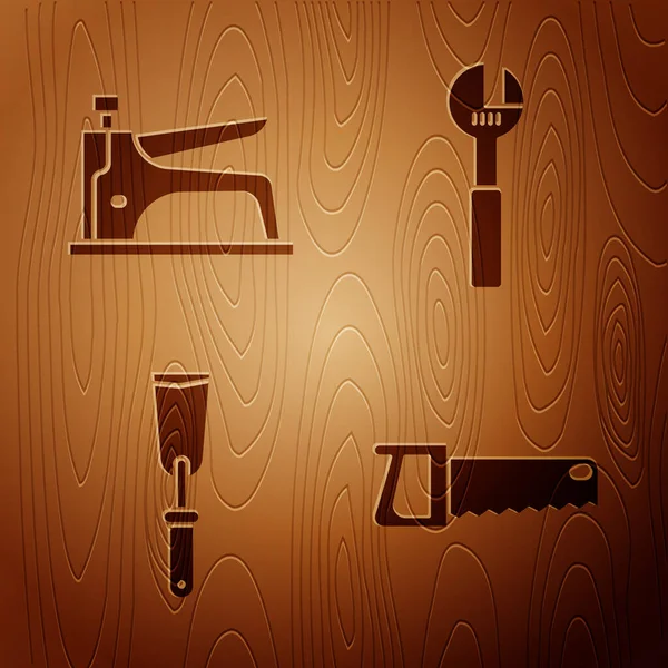 采购产品设置手锯,施工钉, Putty刀和可调整扳手在木制的背景.B.病媒 — 图库矢量图片