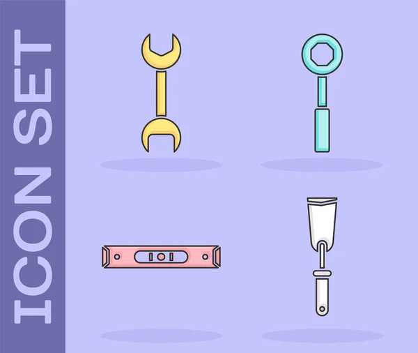 Putty knife, Wrench spanner, 빌드 버블 레벨, 렌치 스패너 아이콘 설정. Vector — 스톡 벡터