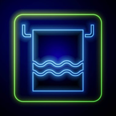 Mavi arka planda izole edilmiş bir askı simgesinde parlayan neon havlular. Banyo havlusu ikonu. Vektör İllüstrasyonu.