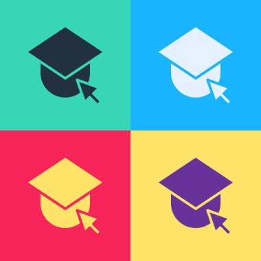 Dünya ikonundaki Pop Art mezuniyet kapağı renk arkaplanında izole edilmiş. Dünya eğitim sembolü. Çevrimiçi öğrenme ya da e-öğrenme kavramı. Vektör İllüstrasyonu.