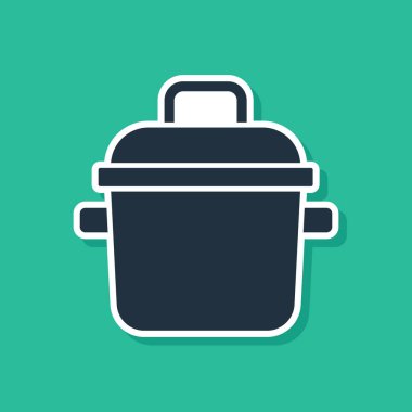 Yeşil arka planda mavi tencere simgesi izole edildi. Haşlama ya da güveç besin sembolü. Vektör.