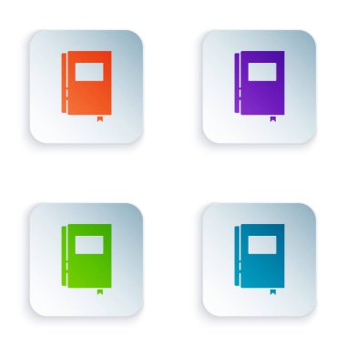 Renk Kitabı simgesi beyaz arkaplanda izole edildi. Kare düğmelere renkli simgeleri yerleştir. Vektör.