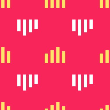 Sarı Müzik eşitleyici simgesi kırmızı arkaplanda izole edilmiş kusursuz desen. Ses dalgası. Ses dijital dengeleyici teknolojisi, konsol paneli, nabız müzikali. Vektör.