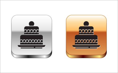 Siyah Kek simgesi beyaz arkaplanda izole edildi. Doğum günün kutlu olsun. Gümüş-altın kare düğme. Vektör.
