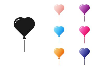 Siyah Balon kalp şeklinde ve beyaz arkaplanda izole edilmiş kurdele ikonu var. Sevgililer Günü. Simgeleri renklendirin. Vektör.