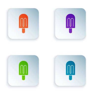 Beyaz arkaplanda izole edilmiş renkli dondurma ikonu. Güzel sembol. Kare düğmelere renkli simgeleri yerleştir. Vektör.