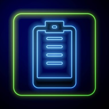 Mavi arkaplanda kontrol listesi simgesi izole edilmiş parlayan neon pano. Kontrol listesi sembolü. Anket anketi ya da anket geri bildirim formu. Vektör.