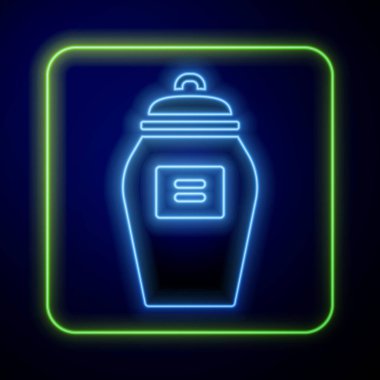 Parlayan neon cenaze vazosu ikonu mavi arkaplanda izole edildi. Yakma ve gömme kapları, kolumbaryum vazolar, küllü kavanozlar ve kaplar. Vektör.