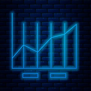 Parlayan neon hattı pasta grafiği bilgi simgesi tuğla duvar arka planında izole edildi. Diyagram çizelgesi. Vektör İllüstrasyonu.