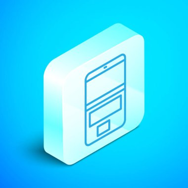 Isometric satır dizüstü simgesi mavi arkaplanda izole edildi. Boş ekran işaretli bilgisayar defteri. Gümüş kare düğme. Vektör İllüstrasyonu.